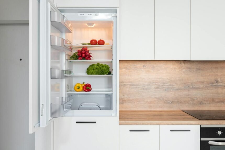 Fridge with different vegetable in modern kitchen