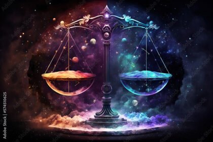 libra zodiac sign against space nebula background. Astrology calendar. Esoteric horoscope and fortune telling concept